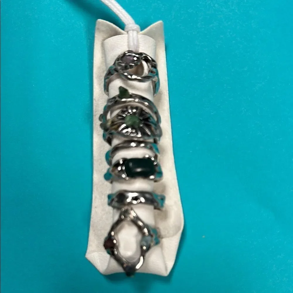 Free People Ring Set Silver Green Stones 7 Rings